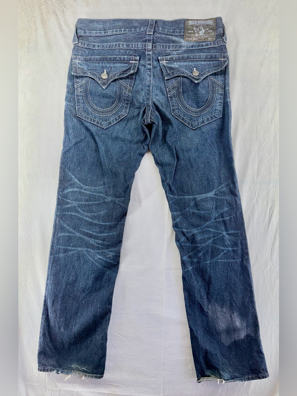 True Religion Jeans Mens 33x32 Blue Scale Wash Distressed Denim USA